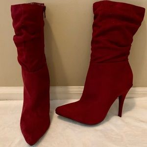 Ann Michelle garnet red slouchy high heel side zipper mid calf boots 6.5